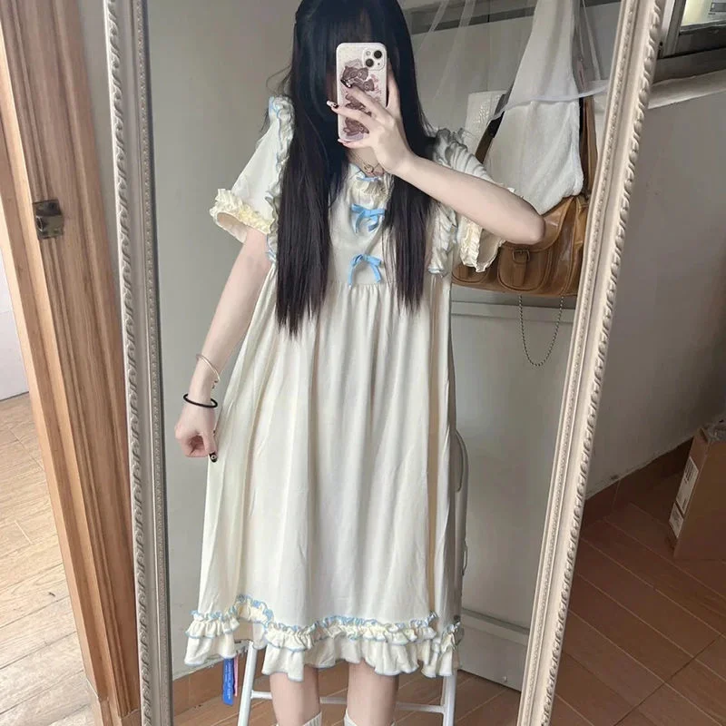 

Nightgown Women Bow Girlish Casual Cozy Baggy Lounge Ruffles Sleepwear Thin Summer Korean Style Students Basic Night Ins Newly