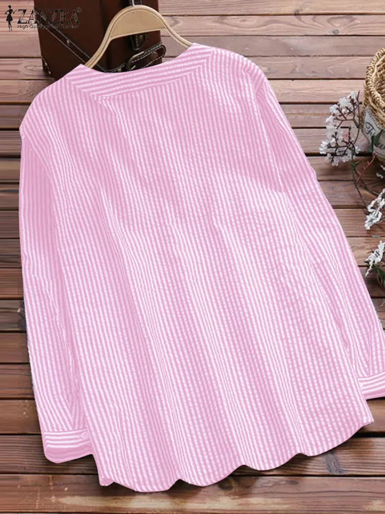 ZANZEA New Fashion Casual Tops Stripe Printed Elegant Blouse Spring Woman V-Neck Long Sleeve Chemise Office Tunic Blouses 2023