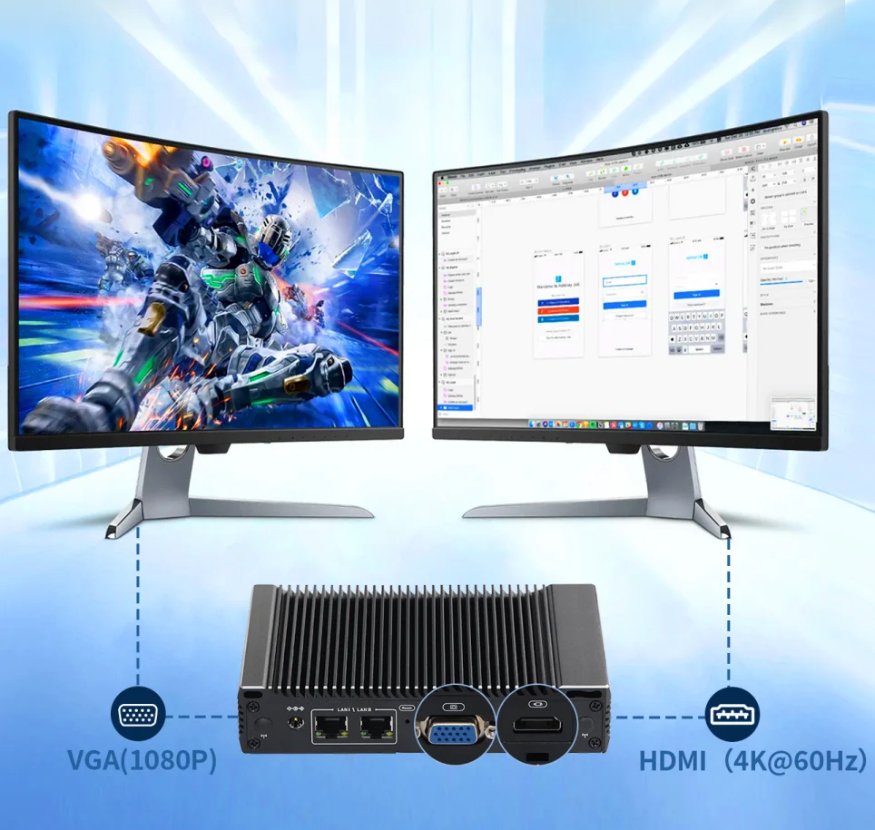 VNOPN  Mini PC 6W Low Power Intel N3160 Quad Core Quad Thread X86 FanlessPC Soft Router 2*1000M Lan Port HD-MI Output Metal Case