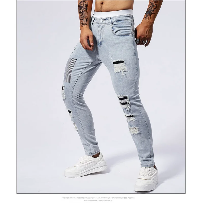 Skinny Jeans Men's Hole Patch Stitching Fashion Men's Clothing 2024 New High-End Stretch Slim Fit Tapered Pants