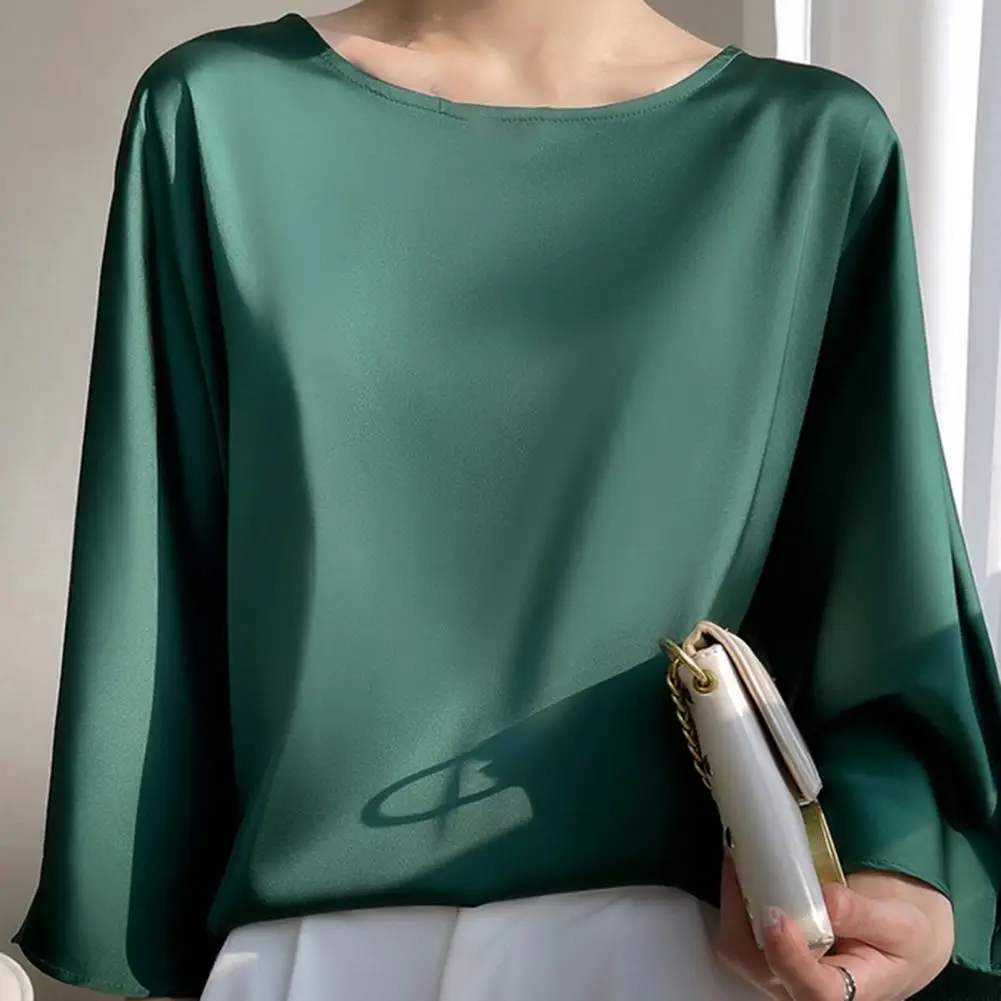 Breathable Women Long-sleeve Shirt Stylish Spring Summer Women's Flared Sleeve Blouse Loose Fit Satin T-shirt for Streetwear