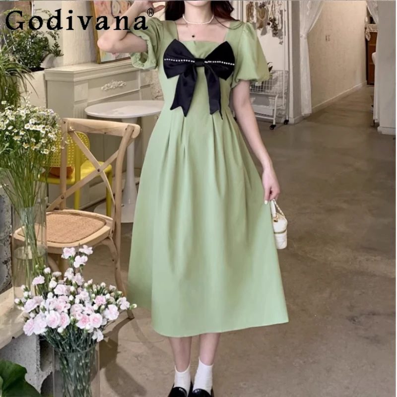 

Лето 2022, женское французское зеленое платье больших размеров с коротким рукавом и квадратным вырезом, ретро, милый бант, высокая талия, трапециевидное японское сказочное платье