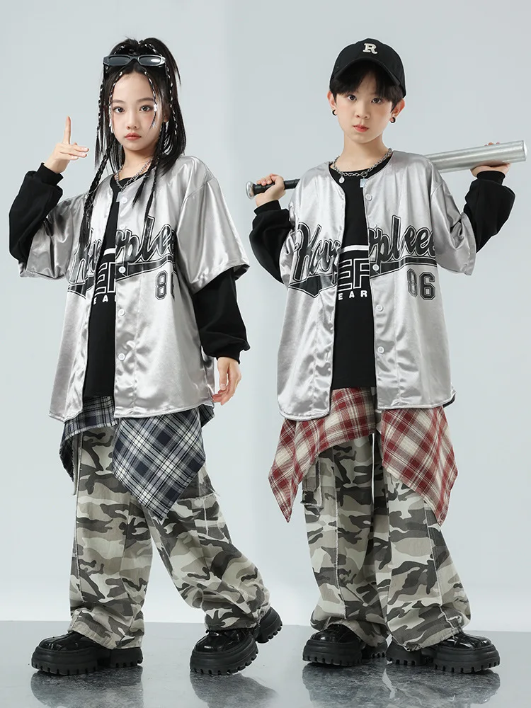 

Kid Kpop Hip Hop Clothing Silver Cardigan Shirt Top Camouflage Casual Wide Cargo Pants for Girls Boy Jazz Dance Costumes Clothes