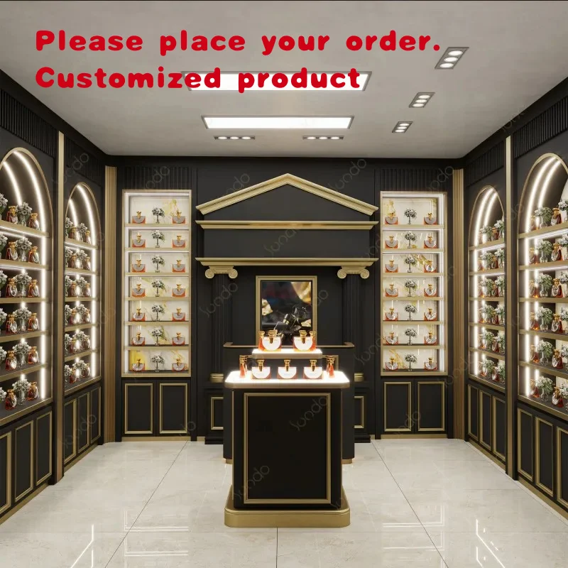 custom.Sundo Custom Luxury Perfume Shop Interior Design Black Gold LED Arched Wall Display Cabinet Cosmetic Store Showcase Fixtu
