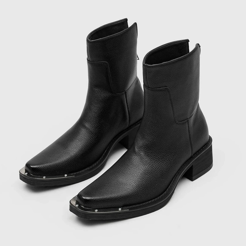 Men Square Pointed Ankle Boots Grain Leather Upper Metal Toe Cap Block Heel Side Zipper Pull On Fashion Streetwear Short Boots