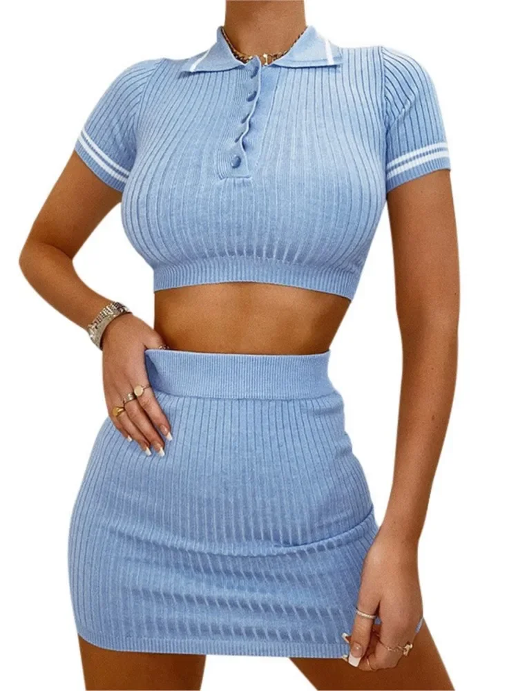 Sexy Slim Skirt Two Piece Set Women Crop Tight Sweater Package Hip Knitted Mini Skirts Sets Trendy Streetwear 2025 Spring New