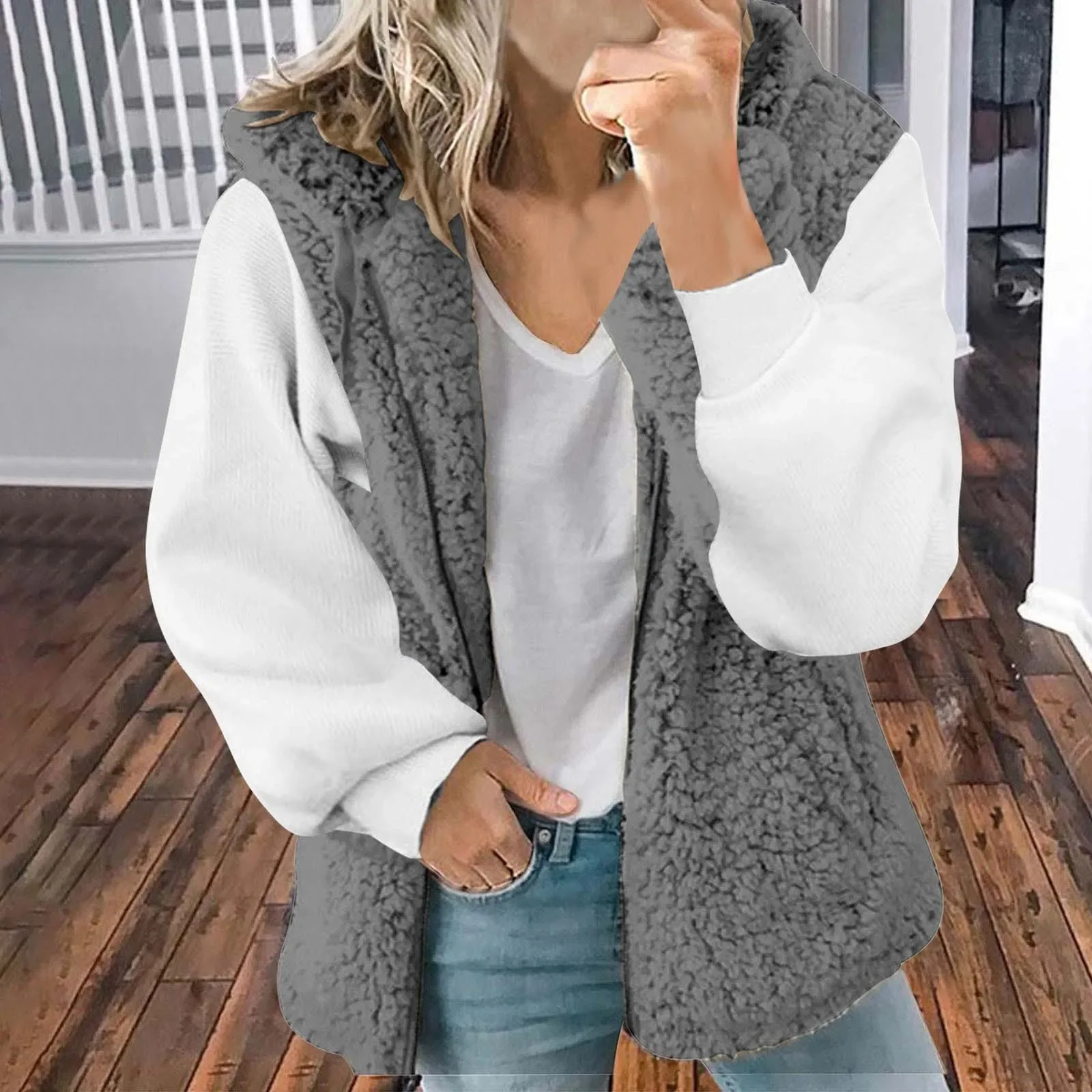 Winter Faux Pelz Westen Für Frauen 2023 Neue Patchwork Chaquetas Revers Lange Sleeve Zipper Mantel Weibliche Warme Fleece Jacken Outwear