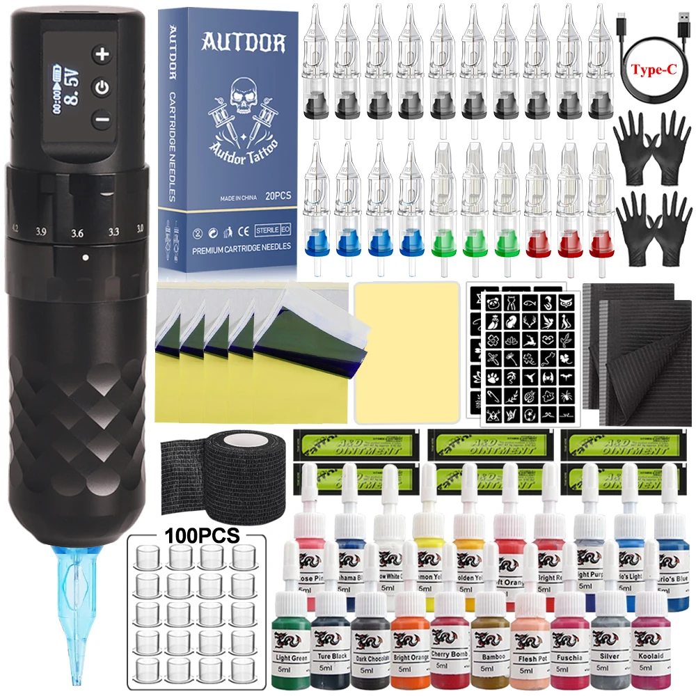 

Wireless Tattoo Machine Pen Kit Coreless Motor Tattoo Pen with Mix Cartridge Needle Ink Makeup Set for Tattoo Artist Beginners