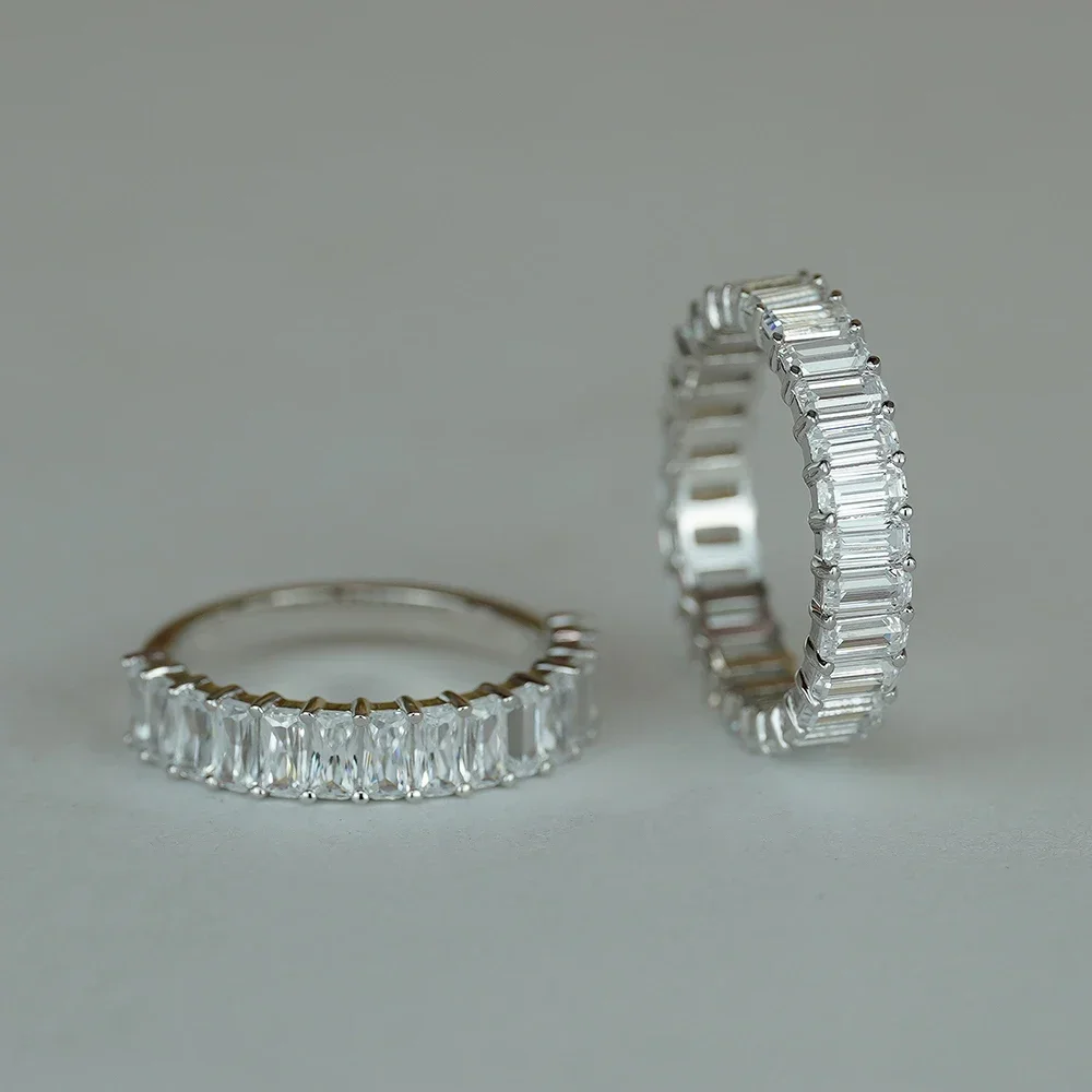 Rectangle Full Mossanite Ring 925 Sterling Silver Plated Gold 2*4mm Emerald Cut Diamond Rings Wedding Eternity Band For Women