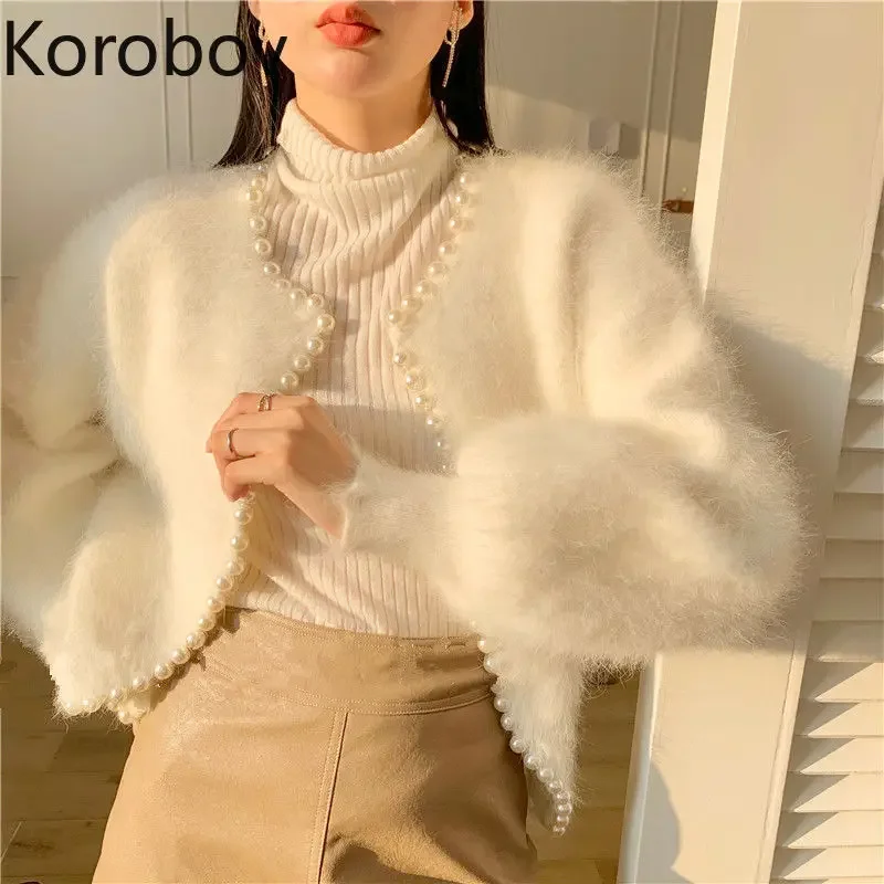 Korobov Autumn Winter New Sweet Pearls Sweaters Korean Knit O Neck Long Sleeve Cardigans Vintage Elegant Women Cardigan