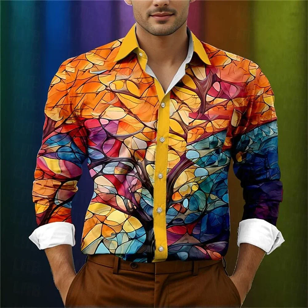 Summer designer designs patchwork gradient 3D printed lapel men\'s shirts, fashionable and high-quality long sleeved clothing