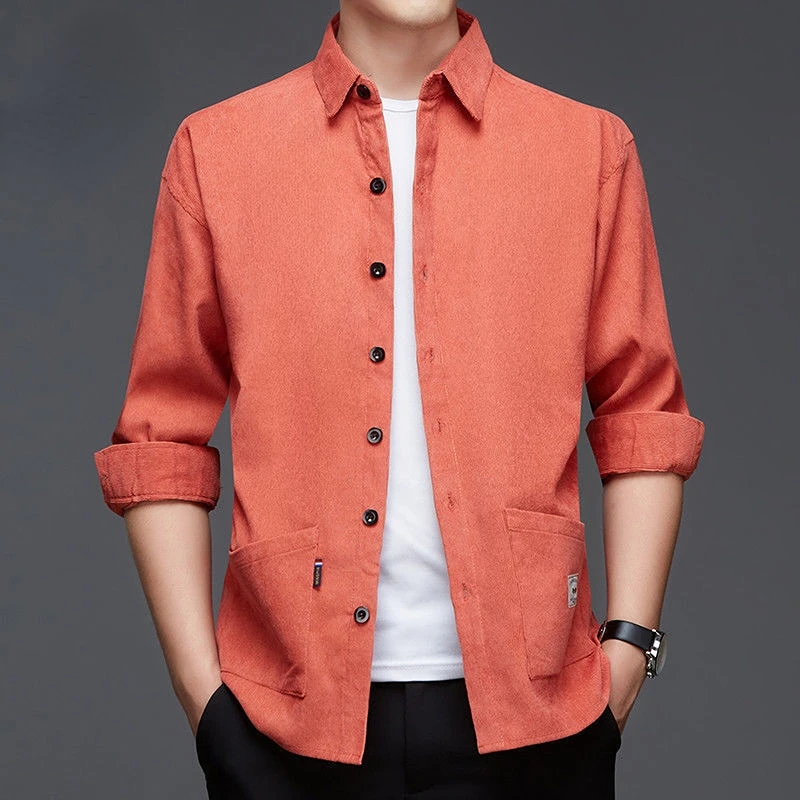 Spring Autumn Men Corduroy Solid Shirt Korean Fashion Streetwear Male Clothes Long Sleeve Button Pocket Business Loose Coat Tops