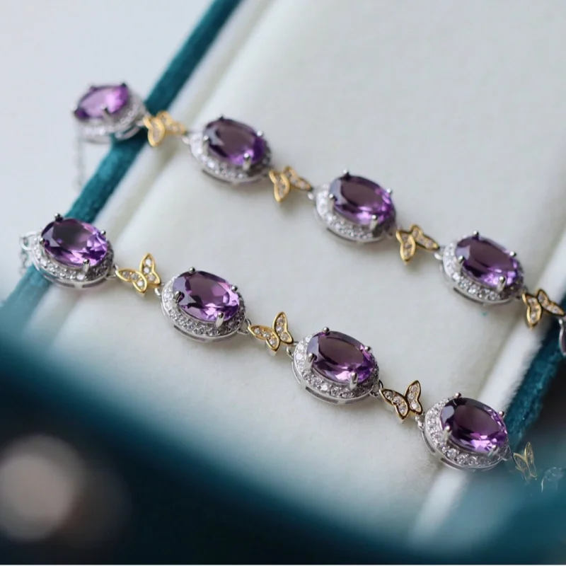 Natural Amethyst Multi-Particle Bracelet 925 Silver Main Stone 6*8mm Color Rich