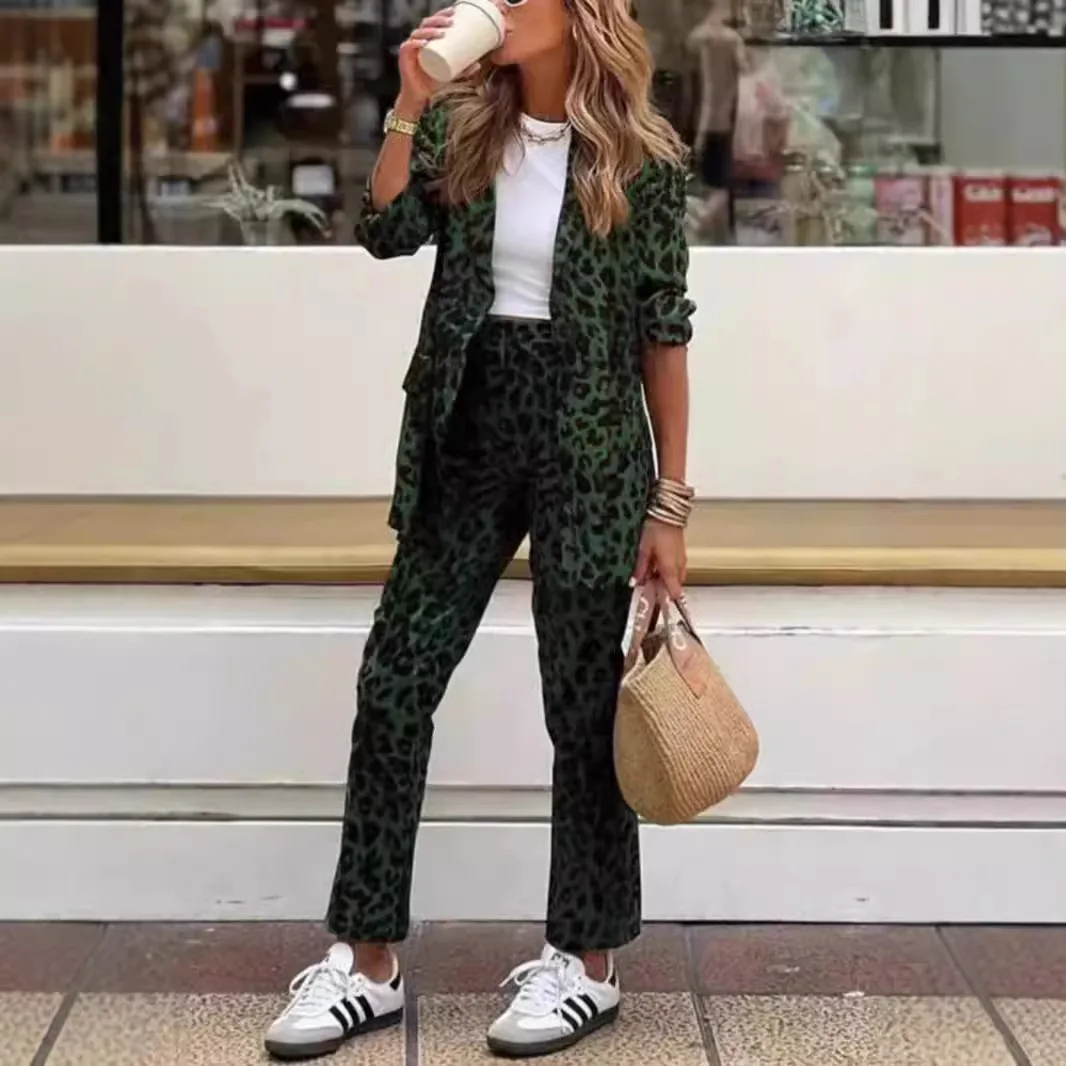 

Женские комплекты из двух предметов с леопардовым принтом, модный элегантный офисный женский костюм, пиджак с длинными рукавами и лацканами, пальто, длинные брюки, повседневная одежда