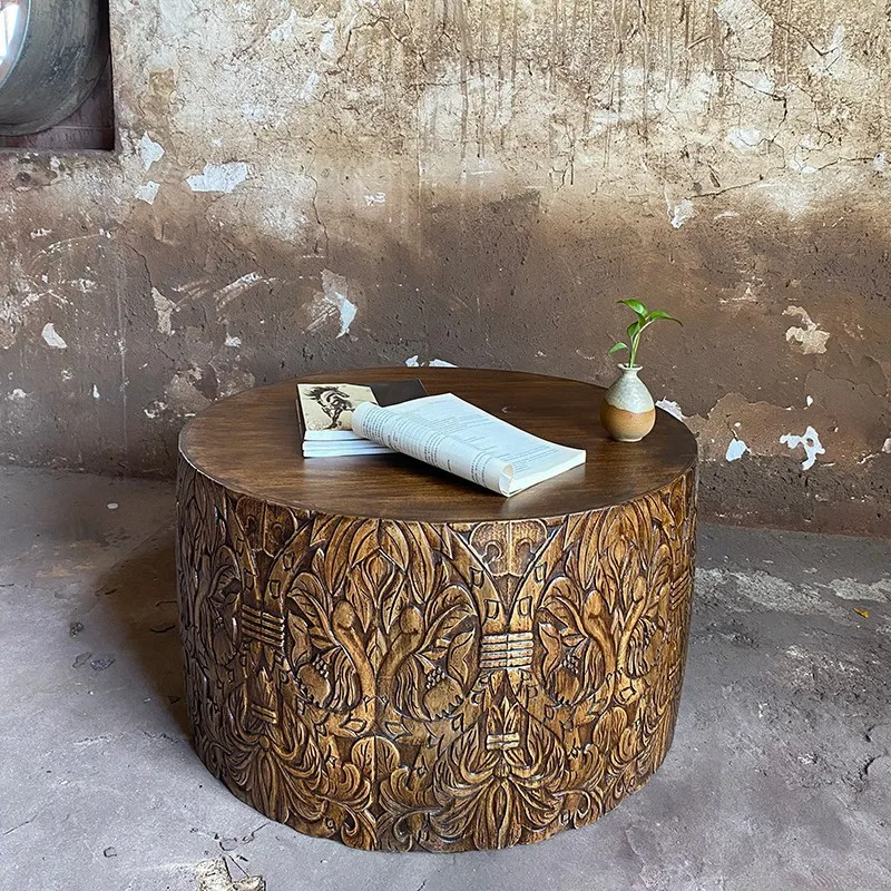 Medieval solid wood round coffee table old homestay soft decoration living room sofa side few retro South East Asia carved