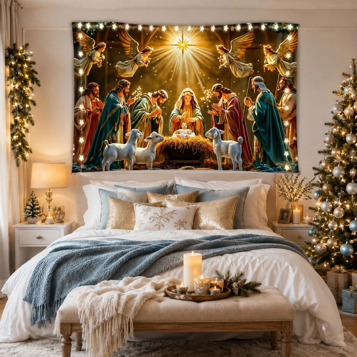 2D Flat, 1pc Large Nativity Scene Tapestry - Birth Wall Hanging with Mary,, & Wise, Vinyl Religious Wall Decor for Christmas, Easy Peel & Stick Installation Kit Included, /Outdoor Xmas Party Decoration, 2D Flat