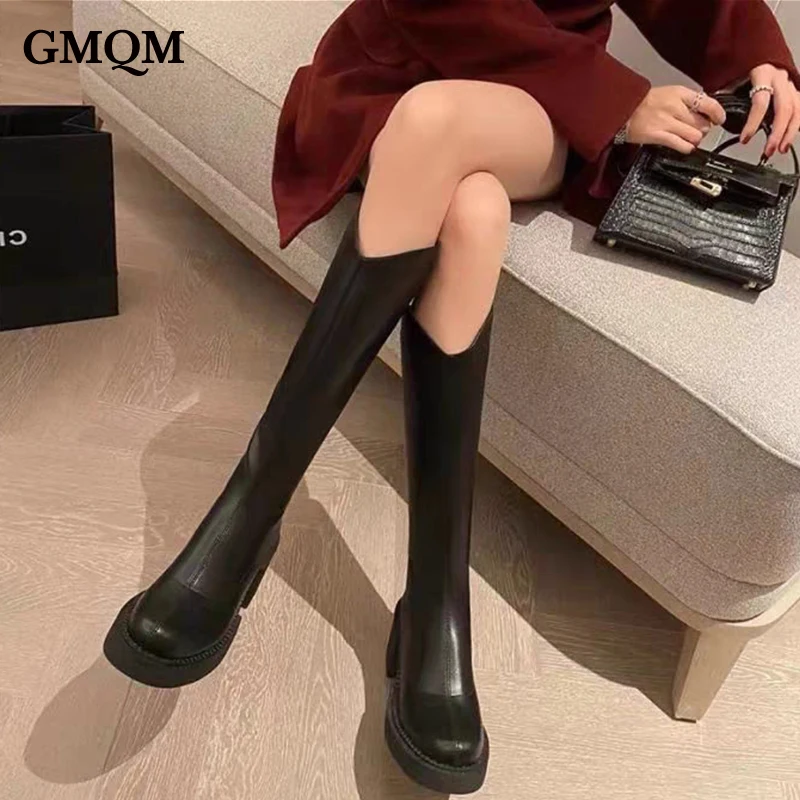 GMQM New Women\'s The Knee Boots Fashion Platform Shoes Round Toe Slip-On Sexy Slim Chunky High Heels Classic Black Office Lady