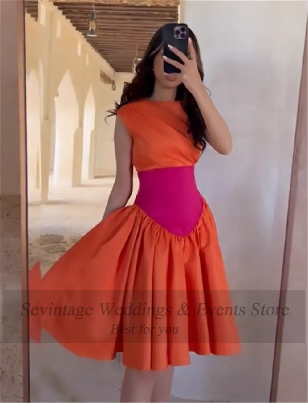 Customized Orange Arabic Short Evening Dresses O-Neck A Line Knee Length Women Wedding Party Gowns Satin Formal Prom Dress