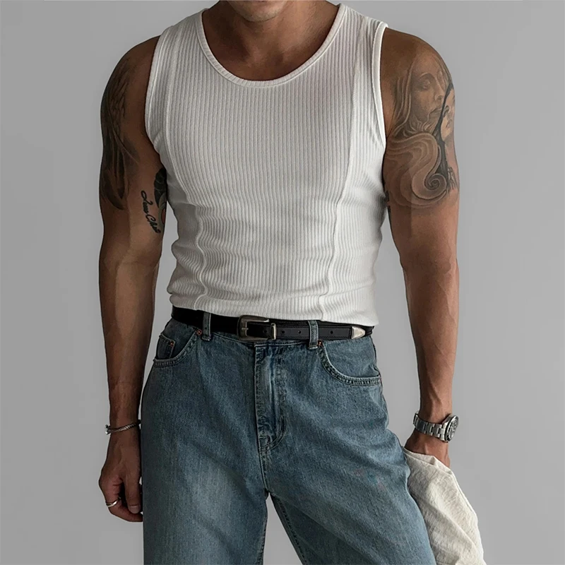 New Casual Stretch Slim Mens Tank Tops Fashion Simple Solid Color Ribbed Vest Summer Streetwear Trendy All-match Mens Camisoles