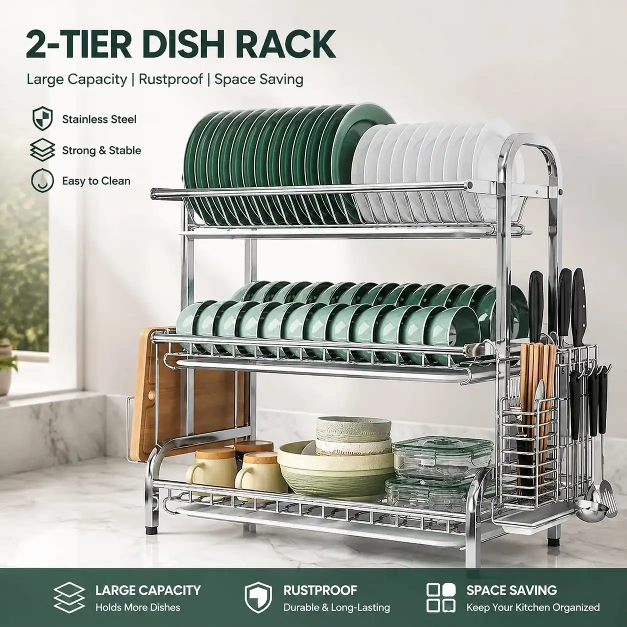 304 Stainless Steel 3-Tier Kitchen Dish Rack with Drying Tray & Compact Tableware Organizer