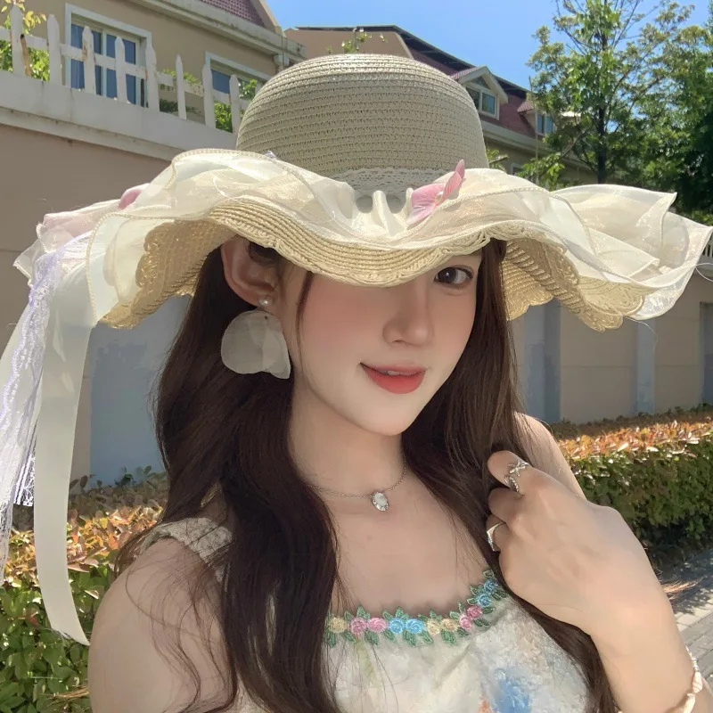 

Women's Sweet Flower Lace Ribbon Straw Hat Summer Vacation Style Beach Trip Sun Protection Sunshade Hat for Outdoor Activities