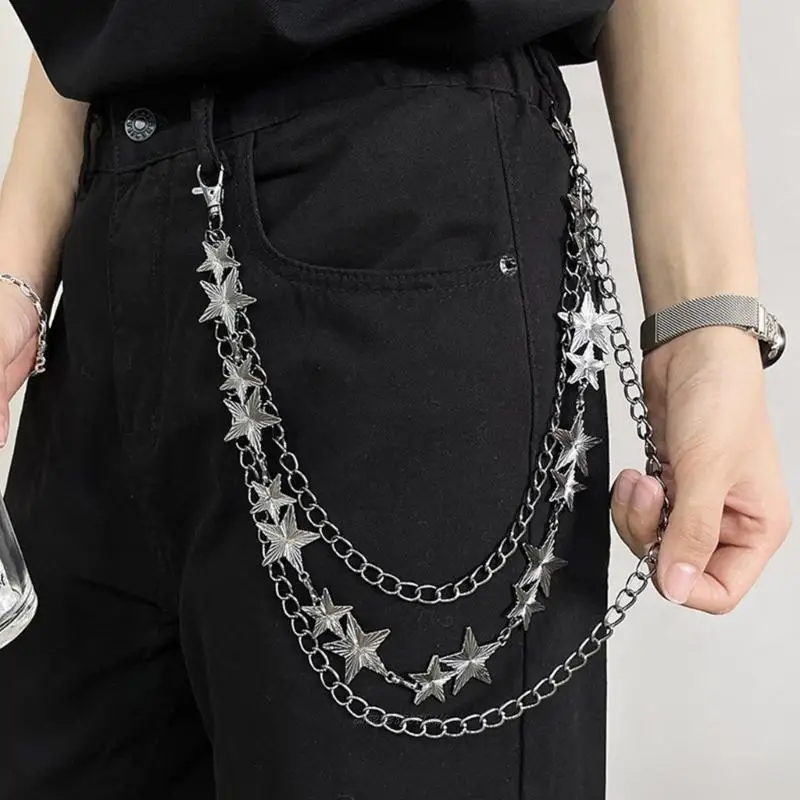 X5XA Star Charm Waist Chain Layered Hanging Metal Link Accents Pants Chain