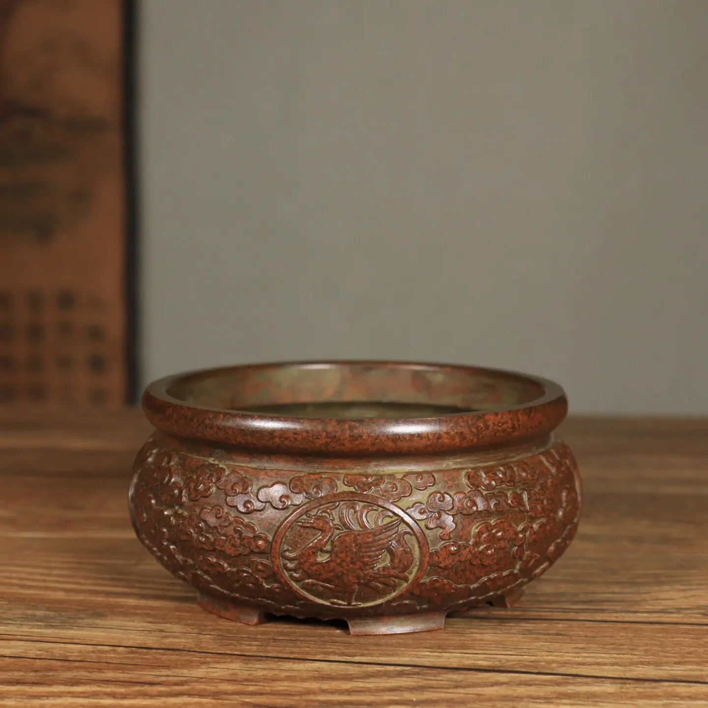 Vintage Handmade Copper Four Divine Beasts Treasure Basin Feng Shui Decor