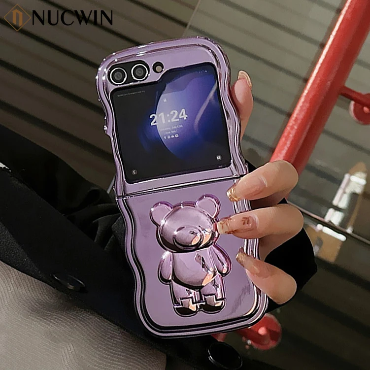 Electroplated Bear Invisible Bracket Phone Case for Samsung Galaxy Z Flip 5 4 3 ZFlip5 Zflip4 Flip3 Wave Border Fold Stand Cover