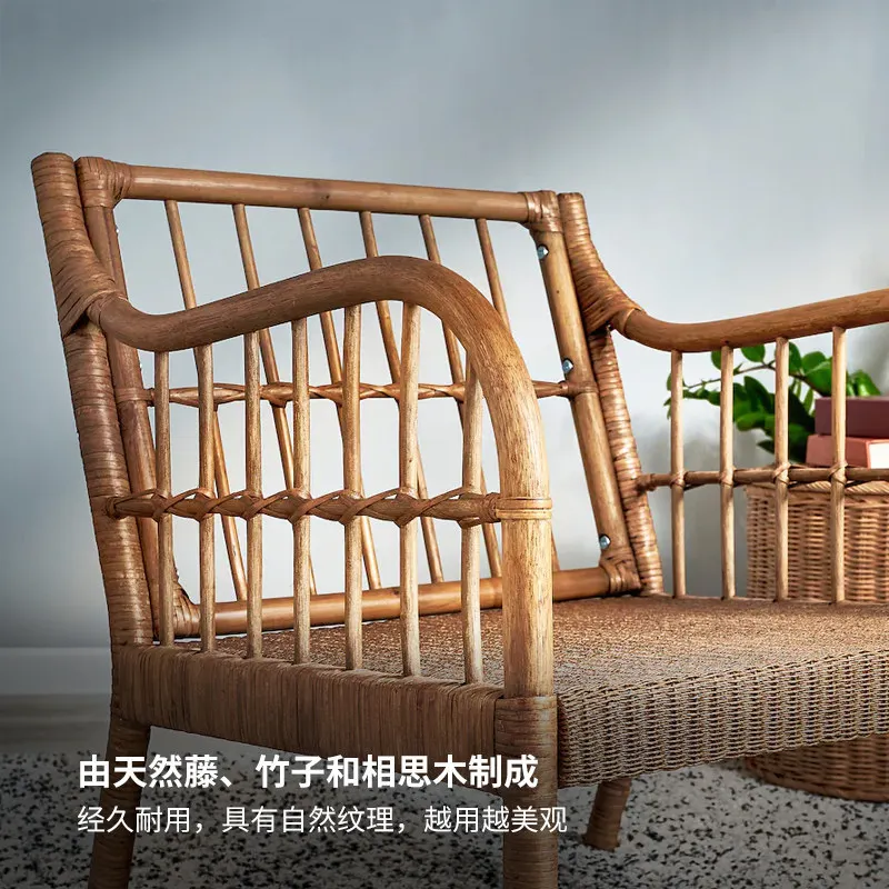 Medieval Rattan Single Sofa Chair Solid Wood Frame Cushion Study Living Room Chair Hotel B & B Medieval Style