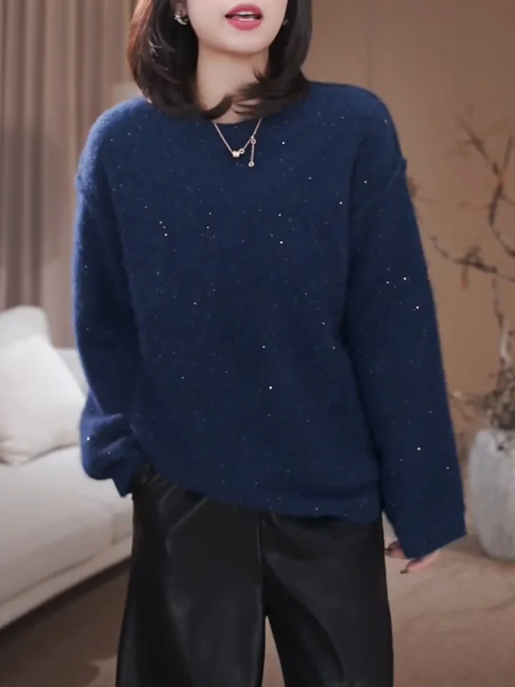 

Синий круглый вязаный топ в корейском стиле, модный, больших размеров, стройнящий, для женщин, осень 2025, новинка