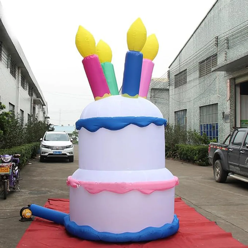 Pastel de feliz cumpleaños inflable gigante en capas con velas, modelo de pastel temático de cumpleaños para decoración de fiesta al aire libre, suministros para eventos