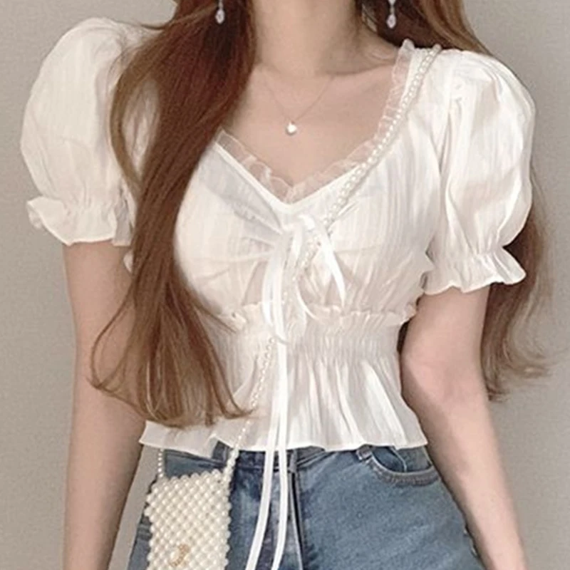 

Chic Summer ort Bubble Sve irt Women's V-ne Splice Lace-up Waist-cinching Slimming Top Faionable Casual Blouse