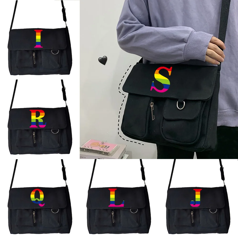 Women's Canvas Crossbody Bag Youth Fashion Messenger Bags Large Capacity Shoulder Bag Casual Handbag Rainbow Lettern Pattern