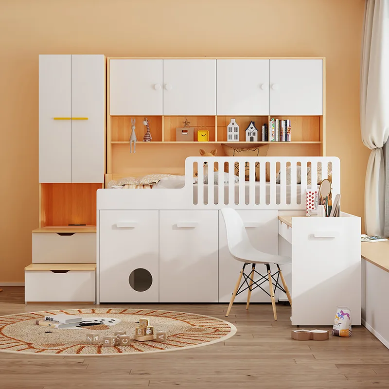 Children's half-height bed wardrobe boy bed girl with wardrobe desk integrated storage can be pulled wardrobe