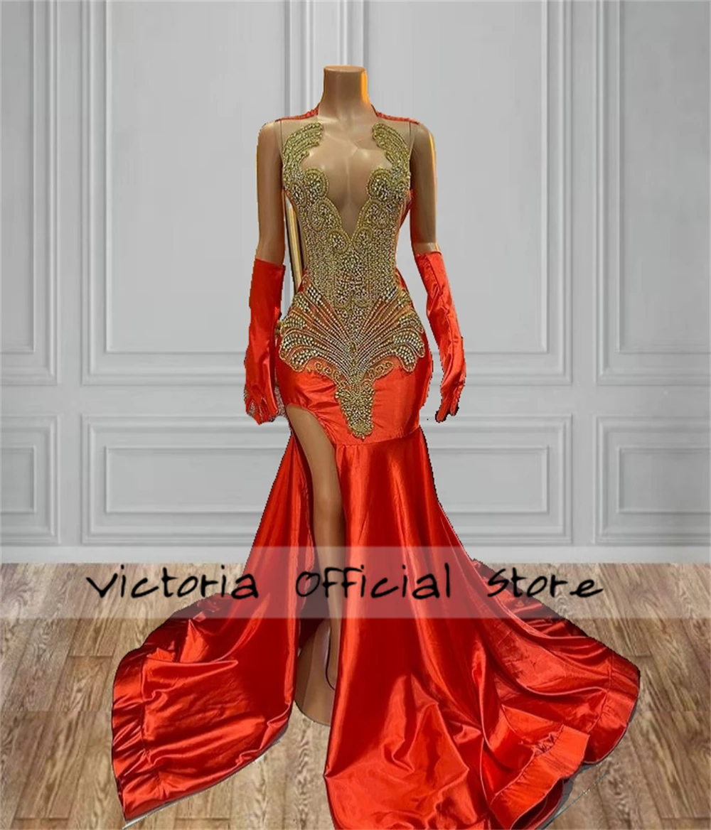 Fancy Red Split Luxury Prom Dresses Black Girls Gold Beaded Rhinestones Formal Occasion Gowns With Gloves Mermaid Evening Dress