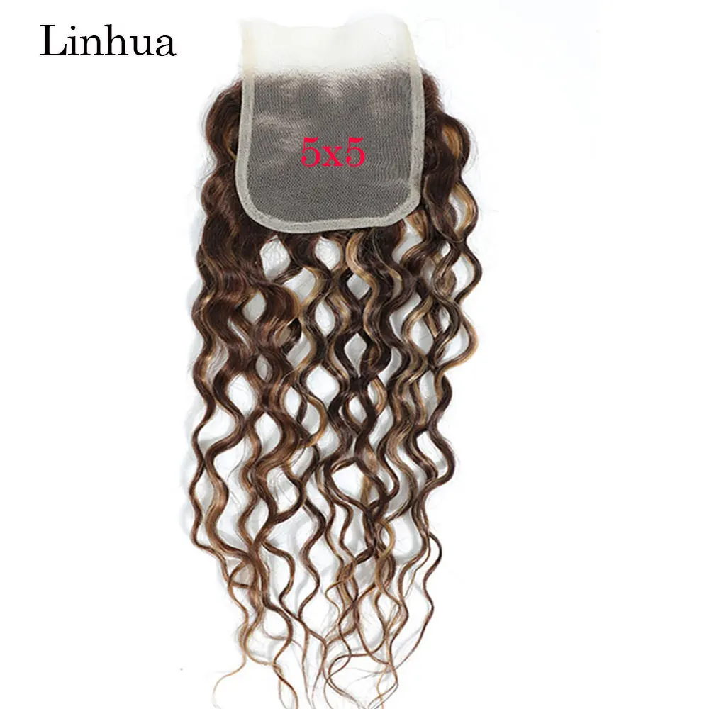 Llinhua-Transparente Lace Frontal Destaque Onda de Água Cabelo Humano, Ombre Castanho Mel Loiro Cor, Destaque, 13x4, P4, 27, 4x4, 5x5 Lace Encerramento