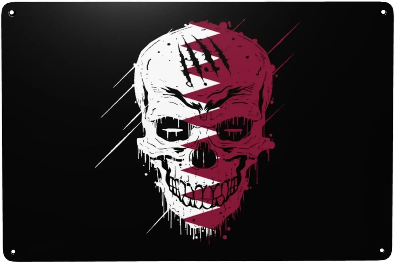 Qatar Skull National Flag Tin Signs   Funny Vintage Metal Sign Man Cave Decor Garage Wall Decor