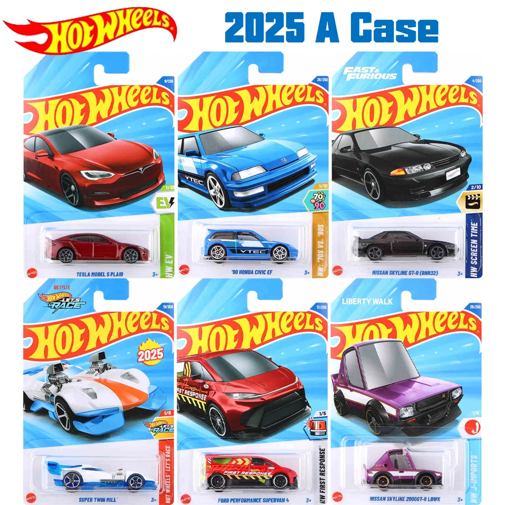 

26Pcs 2025 A Case Hot Wheels Cars 90 Honda Civic Ef Tesla Model S Nissan Skyline Gt-R Bnr32 Auto Model Boys Toys Gift