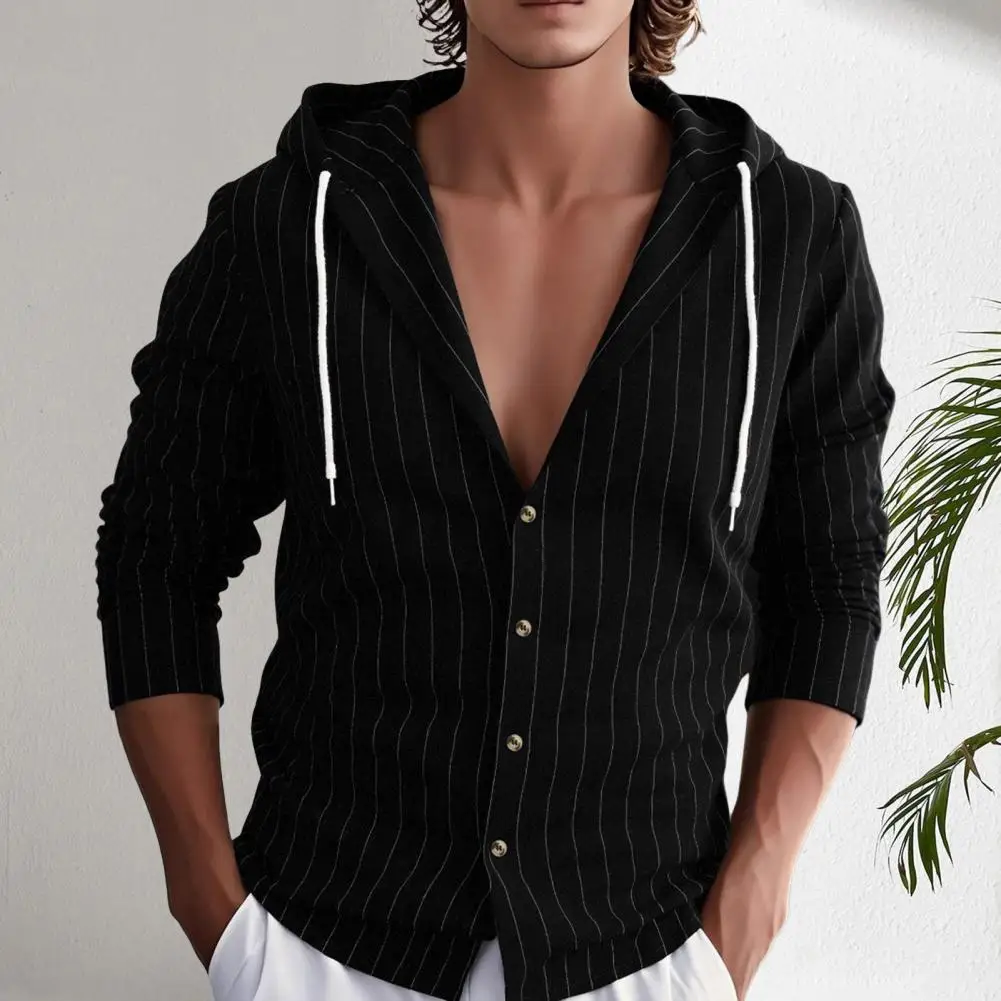 

Men Linen Shirt Hooded Men Shirt Men's Linen Stripe Hooded Shirt Long Sleeve Button-down Regular Fit Fall Vacation Streetwear