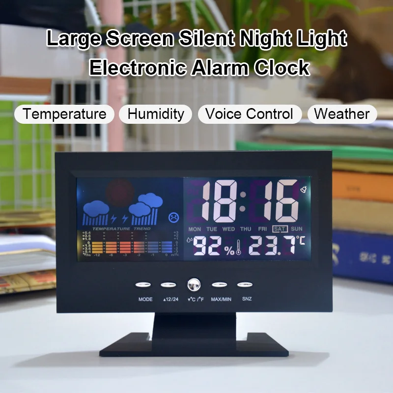 Digital Alarm Clock with USB Line Home Weather Station Time Temperature Humidity Display Clock with Sound Control Bright Screen