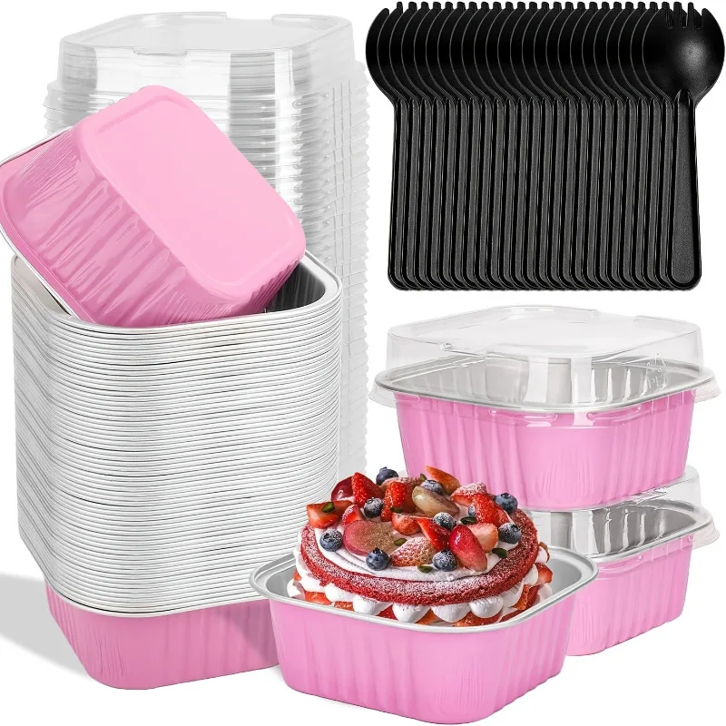 Mini Square Aluminum Foil Baking Pans with Lids, 50 Pack