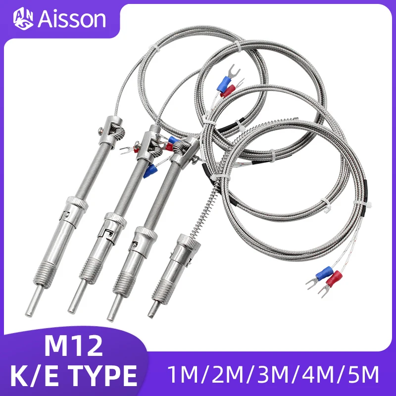 K/E Type M12*1.5 Compression Spring Thermocouple Temperature Probe Sensor 1-5Metres Shielded Wire For Temperature Controller