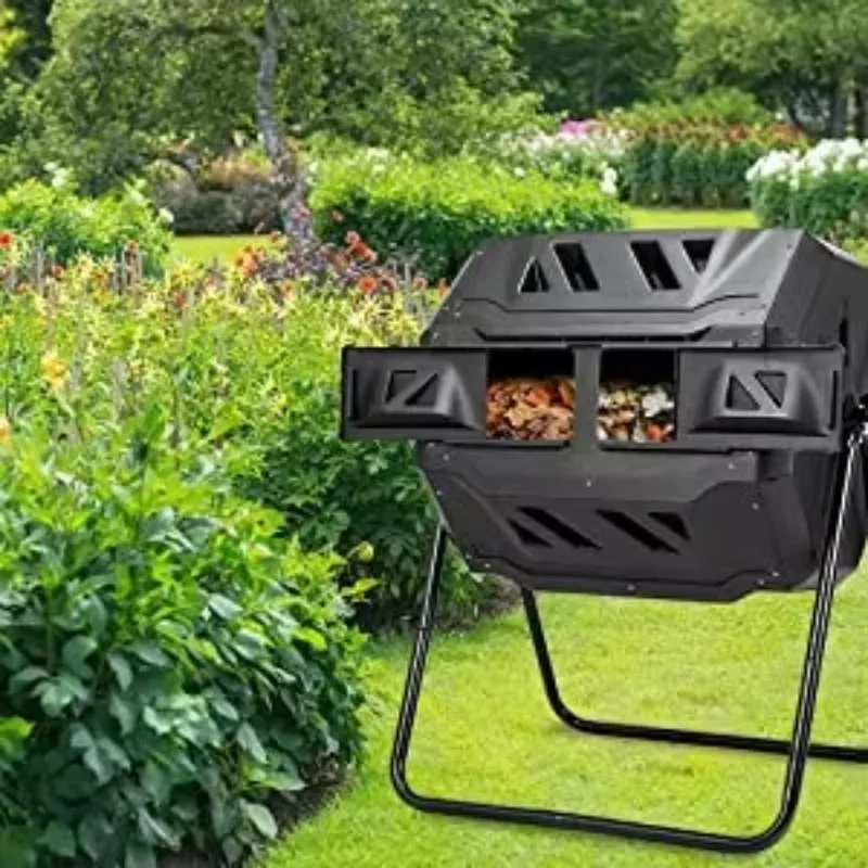 Garden Dual Rotating Compost Tumbler, Worm Composter Bin Featuring Sliding Access Doors