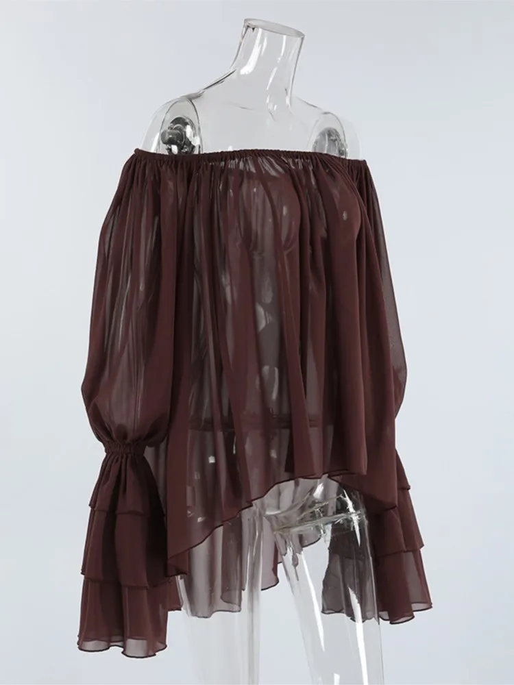 Fashion Brown One Neck Shirt Women See Through Ruffle Edge Loose Blouse 2025 New Summer Chic Vintage Casual Long Sleeve Shirts