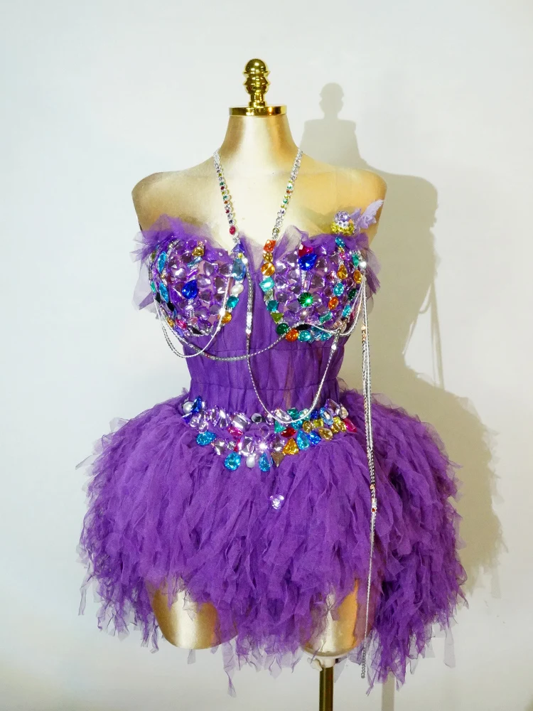 

Комплект из двух предметов: топ без бретелек и юбка-бальное платье, цвет фиолетовый, с узором «бриллианты», для вечеринок, дней рождения, на День святого Валентина, свадеб, для выступлений на сцене, в стиле знаменитостей