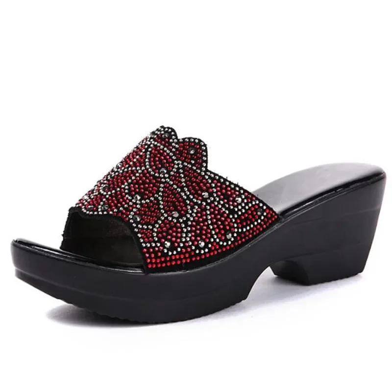 YAERNI New Summer Women Sandals Genuine Leather Shoes Rhinestones shoes Slippers Large Size Non-slip Fashion Sandals Women Shoes