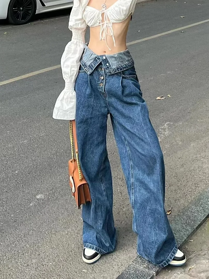 

High Waist Wide Leg Jeans Women's Loose Fit Straight Cut Summer New Sle Spicy Girl Design Sense European Goods Waist Cuff