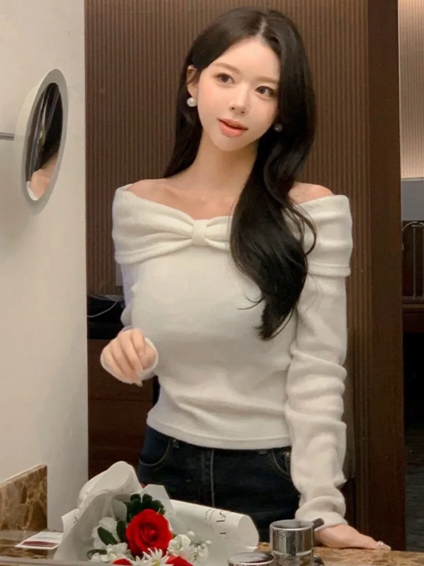Chic  Knot Shoulder Bared Long Sleeve Shirt Elegant Versatile Slimming Autumn Winter New Arrival Women's Fashion Swe...
