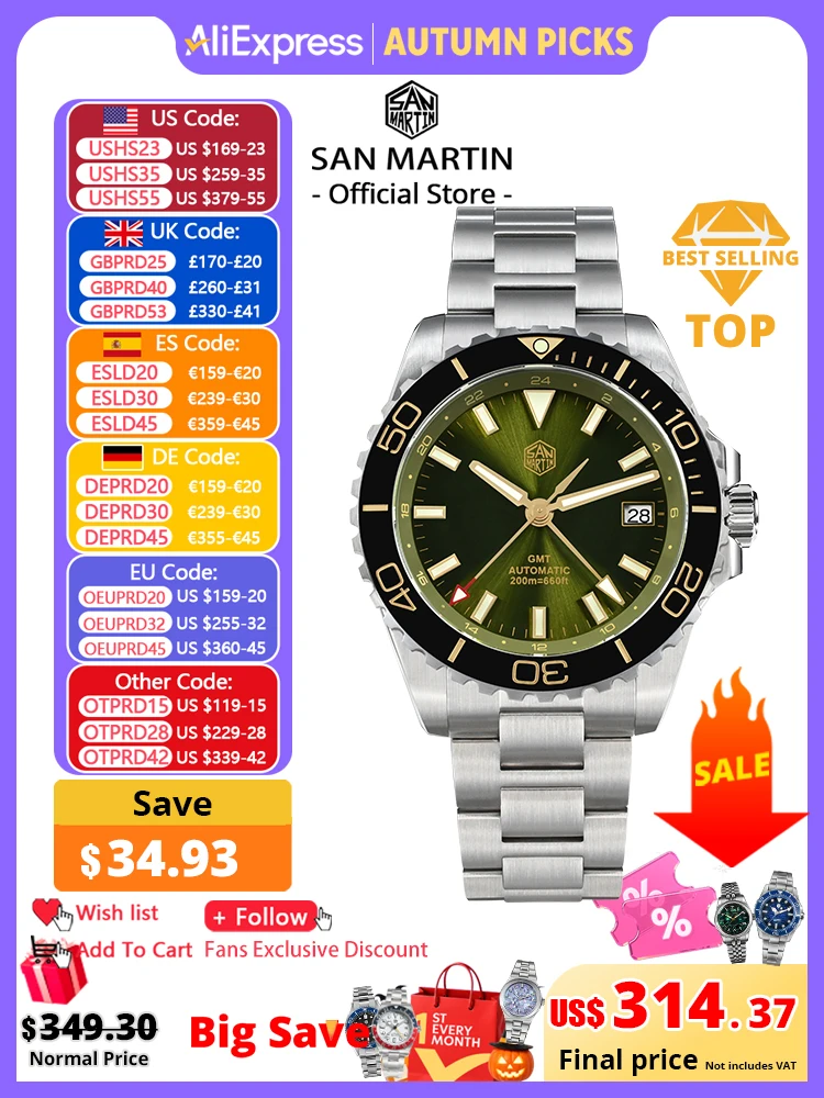 Seiko Watch Prospex - 산 마틴 39mm 다이버 GMT 시계