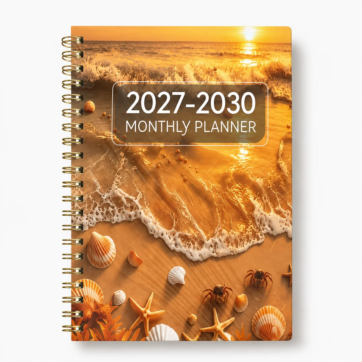Sunset Beach Agenda 2027-2030 4-Year Spiral Planner Seashell Cover Notebook Multi-Year Organizer Long-Term Schedule Planner